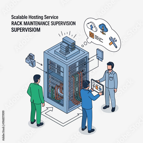 Server Rack Maintenance Supervision with Scalable Hosting Service Illustration.