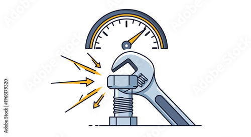 Wrench tightening a bolt with pressure gauge indicating high stress.