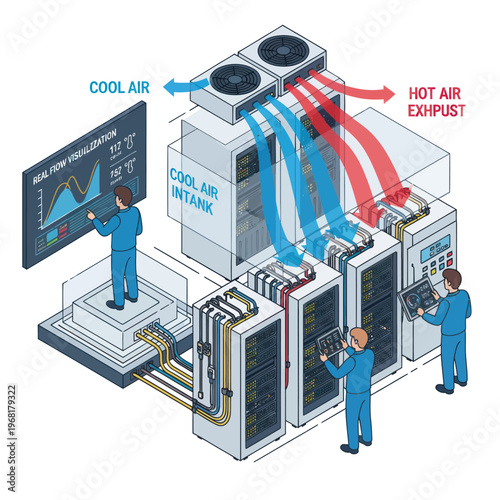 Data Center Cooling System with Technicians and Monitoring Display.