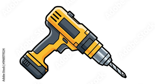 Yellow and black cordless power drill with drill bit.