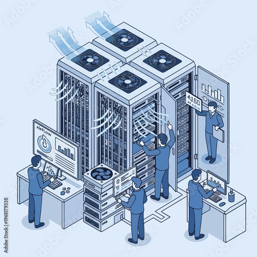 Data Center Maintenance and Monitoring Illustration.