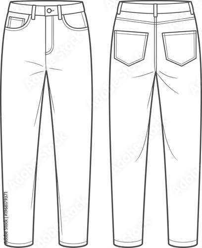 Technical flat sketch of pants front and back views with waistband, belt loops, button closure, zipper fly, coin pocket, and patch pockets