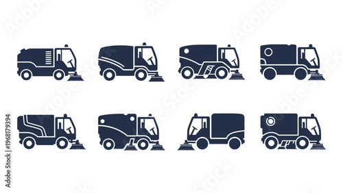 A collection of street sweeper trucks depicted in a dark blue flat style arranged in a grid like pattern silhouette