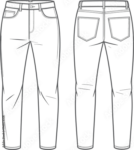 Technical flat sketch of pants front and back views with waistband, belt loops, button closure, zipper fly, coin pocket, patch pockets, and yoke seam