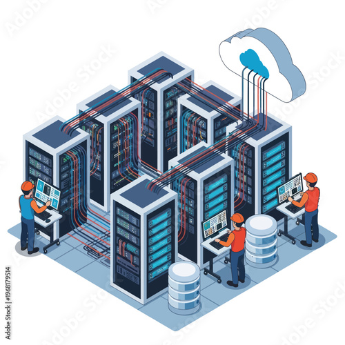 Data Center Infrastructure with Engineers and Cloud Connection.
