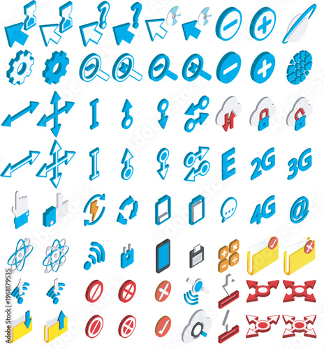 Modern Icons Array: A collection of various modern blue icons isolated on a solid surface, offering versatile visual elements for digital interfaces and design projects.