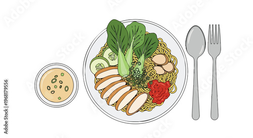 Delicious Asian noodle dish illustration with chicken and fresh green vegetables, served with a savory dipping sauce and cutlery for a vibrant