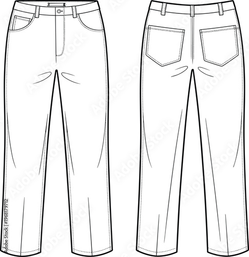 Technical flat sketch of pants front and back views with waistband, belt loops, button closure, zipper fly, front pockets, patch pockets, and seam details