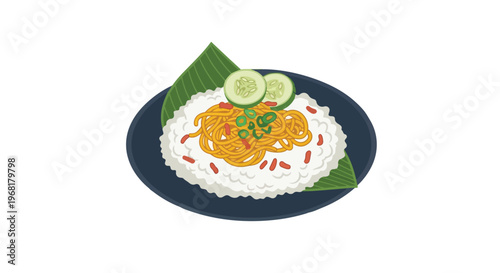 Vibrant illustration of a wholesome rice and noodle dish garnished with fresh cucumber and green onions