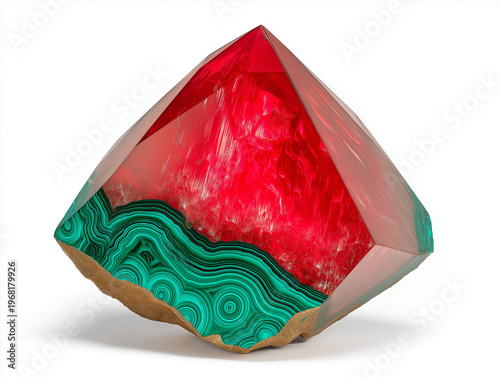 Bicolor Gemstone Sculpture — Ruby Crystal and Malachite Bands on White, High‑detail macro of faceted red crystal fused with banded green malachite on white—luxury mineral art for branding and print.