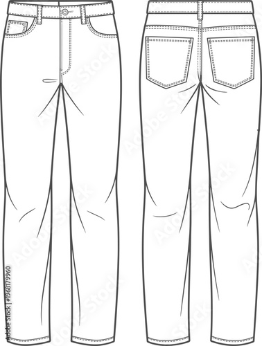 Technical flat sketch of pants front and back views with waistband, belt loops, button closure, zipper fly, side pockets, patch pockets, and cuffed hems
