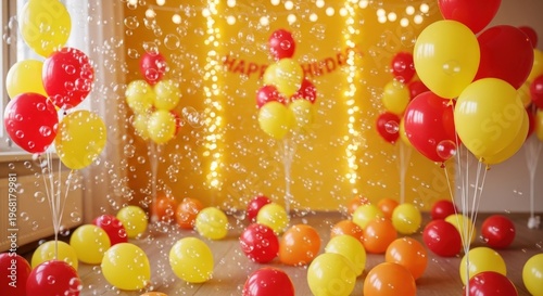 Festive balloons with floating bubbles and golden celebration background