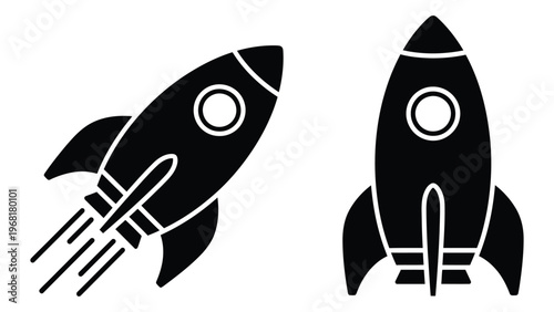 Two black rocket ship icons are shown in flight displaying exhaust trails representing space travel silhouette high quality professional detailed modern