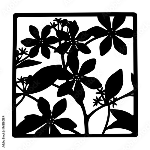 Floral silhouette laser cut panel, decorative botanical flower stencil vector, black jasmine bloom pattern for wall art and interior screen design