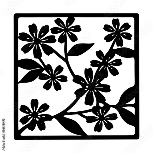 Floral laser cut panel vector, decorative flower silhouette square frame, botanical stencil pattern for wood carving and paper craft