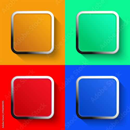 Colorful square app button set with metallic frames and long shadows. Vibrant orange, green, red, and blue UI web design elements.