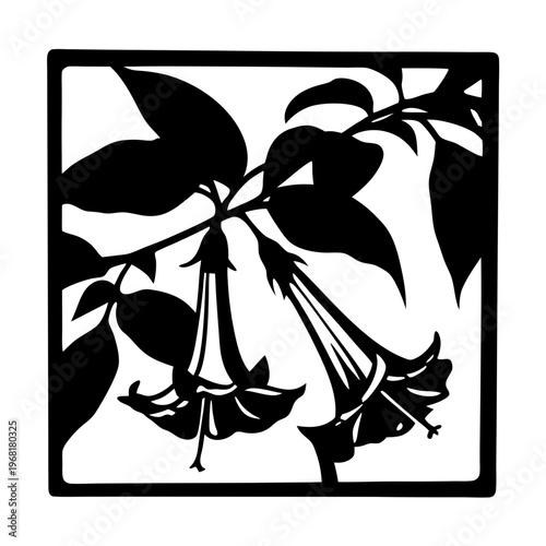 Vintage floral silhouette vector, botanical trumpet flower illustration in square frame, black and white garden plant stencil for laser cutting