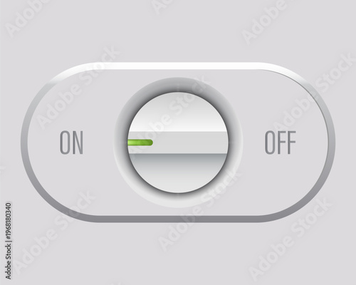 Modern 3D toggle switch button with realistic shadows and green indicator light in ON position. Isolated on grey background.