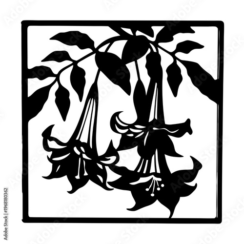 Vintage floral silhouette vector, black and white trumpet flowers with leaves, botanical woodcut illustration in square frame