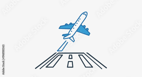 An airplane in a blue and white scheme takes off from a runway on a white background