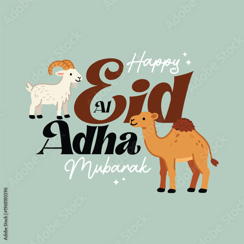 Happy Eid Al Adha Mubarak Greeting with Animal Illustrations