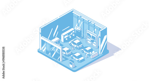 Isometric view of a car showroom with vehicles and displays, rendered in blue hues