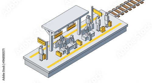 Isometric view of a train station platform with people, signs, benches, and luggage
