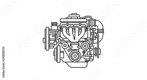 A detailed line drawing of an internal combustion engine, seen from the front