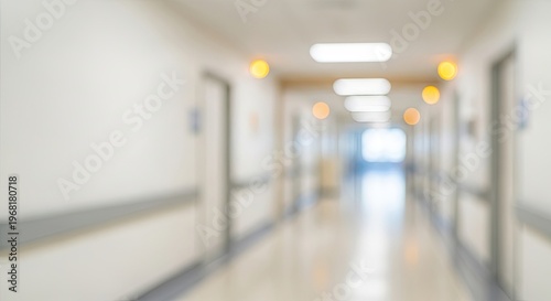 Blurry Hospital Corridor with Doors and Lights.