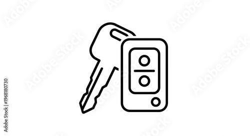 Black outline image of a key and a remote, likely car related, on a white background