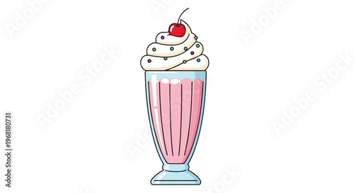 A delightful pink beverage topped with creamy swirls and vibrant colorful sprinkles, crowned by a luscious red cherry, an inviting sweet treat for
