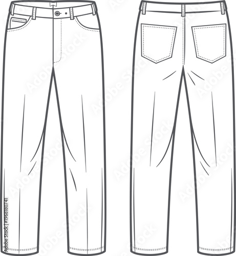 Technical fashion illustration of jeans front and back views with waistband, belt loops, button closure, zipper fly, coin pocket, patch pockets, and seam details