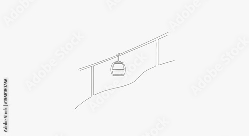 A minimalist line drawing depicts a cable car suspended on a wire above a slope