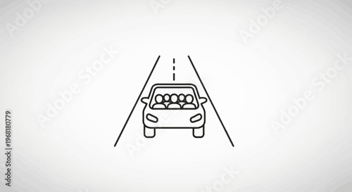 Line drawing of a car with passengers driving on a road with lane markings