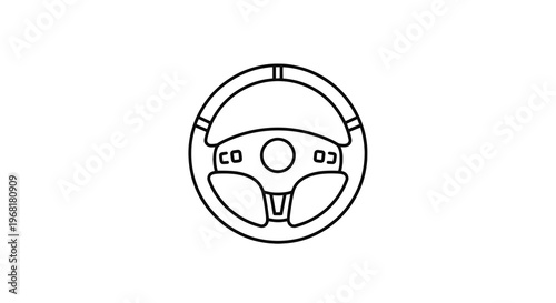 A line art illustration of a circular steering wheel in a simplistic, modern style