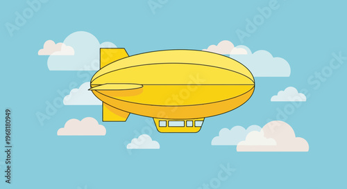 A yellow airship soars through a blue sky dotted with fluffy white clouds, vector art
