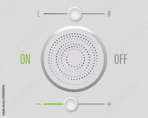 Modern audio control interface with volume slider, balance toggle, and power button. Realistic UI/UX design with green indicator on grey background.