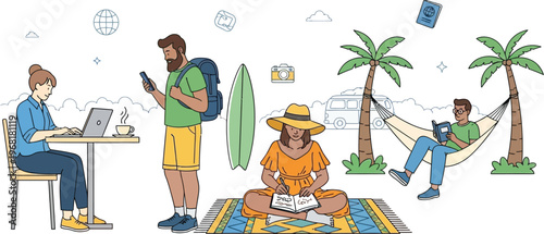 Diverse people enjoy leisure activities and remote work at a scenic.