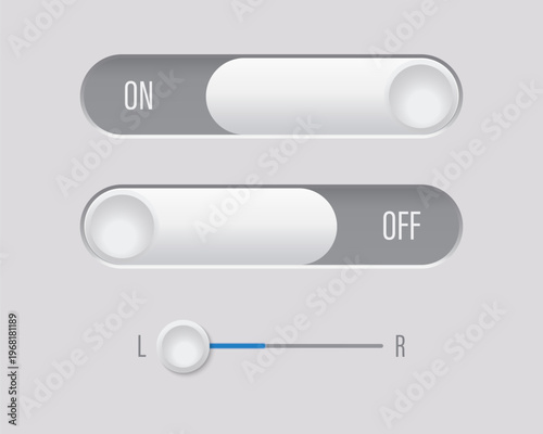 Modern UI element set in neumorphism style featuring toggle on-off switches and a horizontal slider on a clean grey background.