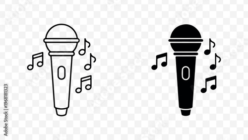 Minimalist microphone icons with musical notes for music or podcast background isolated on Transparent Background
