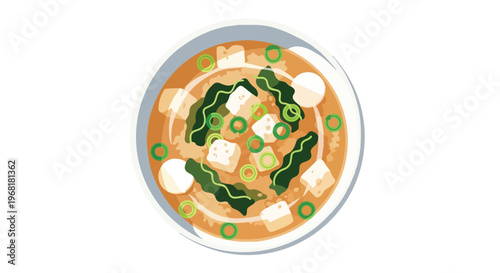 Overhead view of a comforting Japanese miso soup, showcasing soft tofu cubes, fresh green wakame seaweed, and vibrant scallions, a delightful and