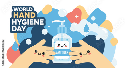 Hands holding hand sanitizer bottle in playful colorful illustration for World Hand Hygiene Day awareness campaign