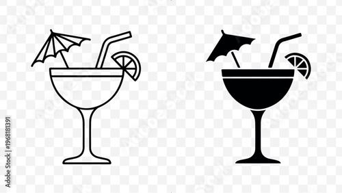 Minimalist cocktail icons with umbrella and lemon slice isolated on Transparent Background