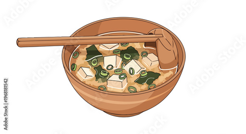 Comforting Japanese miso soup illustration. Rustic bowl holds fresh tofu, green onions, seaweed. Wooden chopsticks and ladle signify authentic Asian