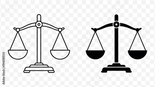 law scale icon set, black and white justice balance symbols for legal or business concepts isolated on Transparent Background