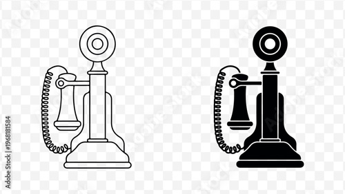 Vintage rotary phone icons in black and white line art style for retro communication design isolated on Transparent Background