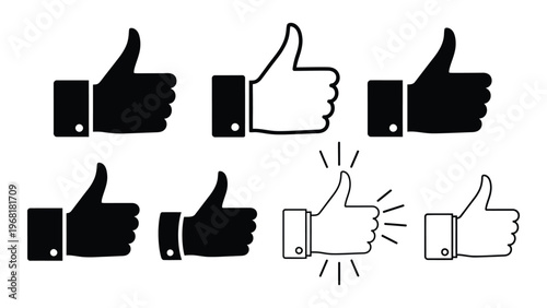 A collection of six thumbs up hand gestures varying in style and fill depicted in a stark graphic silhouette high quality
