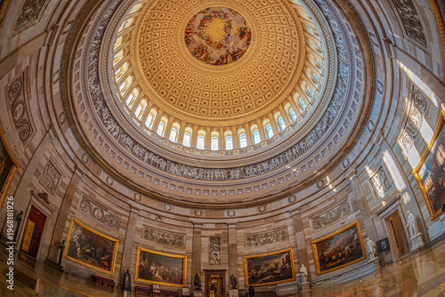 WASHINGTON DC, USA - SEPTEMBER 4, 2018: Interior of the Washington Capitol hill dome. Rotunda with tourists.