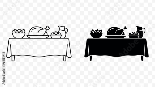 Thanksgiving dinner table icon, holiday meal setup, modern outline and solid style isolated on Transparent Background