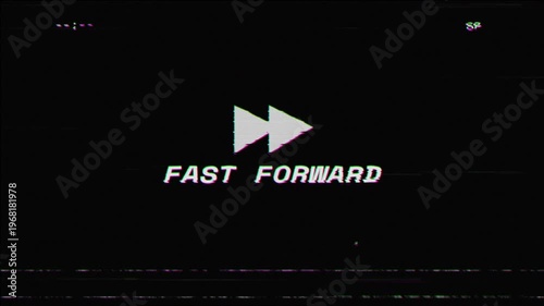 Fast forward vhs overlay animation with retro glitch effects, static noise, and analog distortion. 4K video resolution on black background.